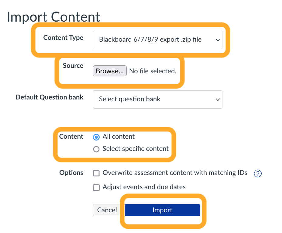 Select Browse and locate the Blackboard file. Select All Content or Select Specific Content.  Select Import.