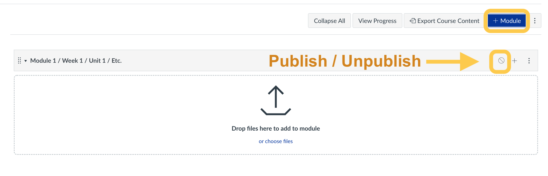 screenshot of plus module button. highlight of the publish unpublish symbol on the module.