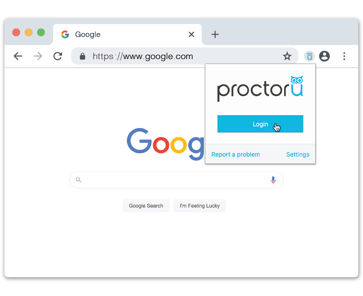 A screenshot showing the ProctorU browser extension with the mouse pointer over the 'Login' button